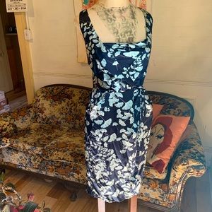 DVF silk dress navy blue with mint green leaf print
